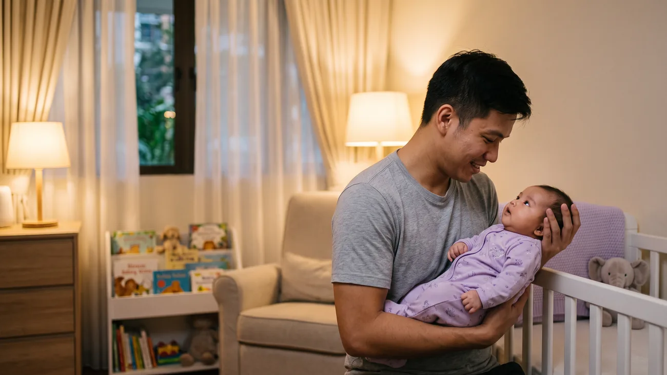 A young dad in a grey t-shirt smiles down at his wide-awake baby in a lavender sleepsuit beside a white cot, in a softly lit nursery at dusk with a warm table lamp behind them, a familiar evening during a baby growth spurt