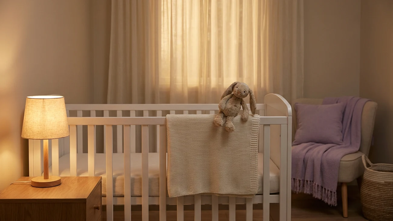 Calm nursery bedroom set up for a peaceful baby sleep, with a crib, soft blanket and warm lamp light
