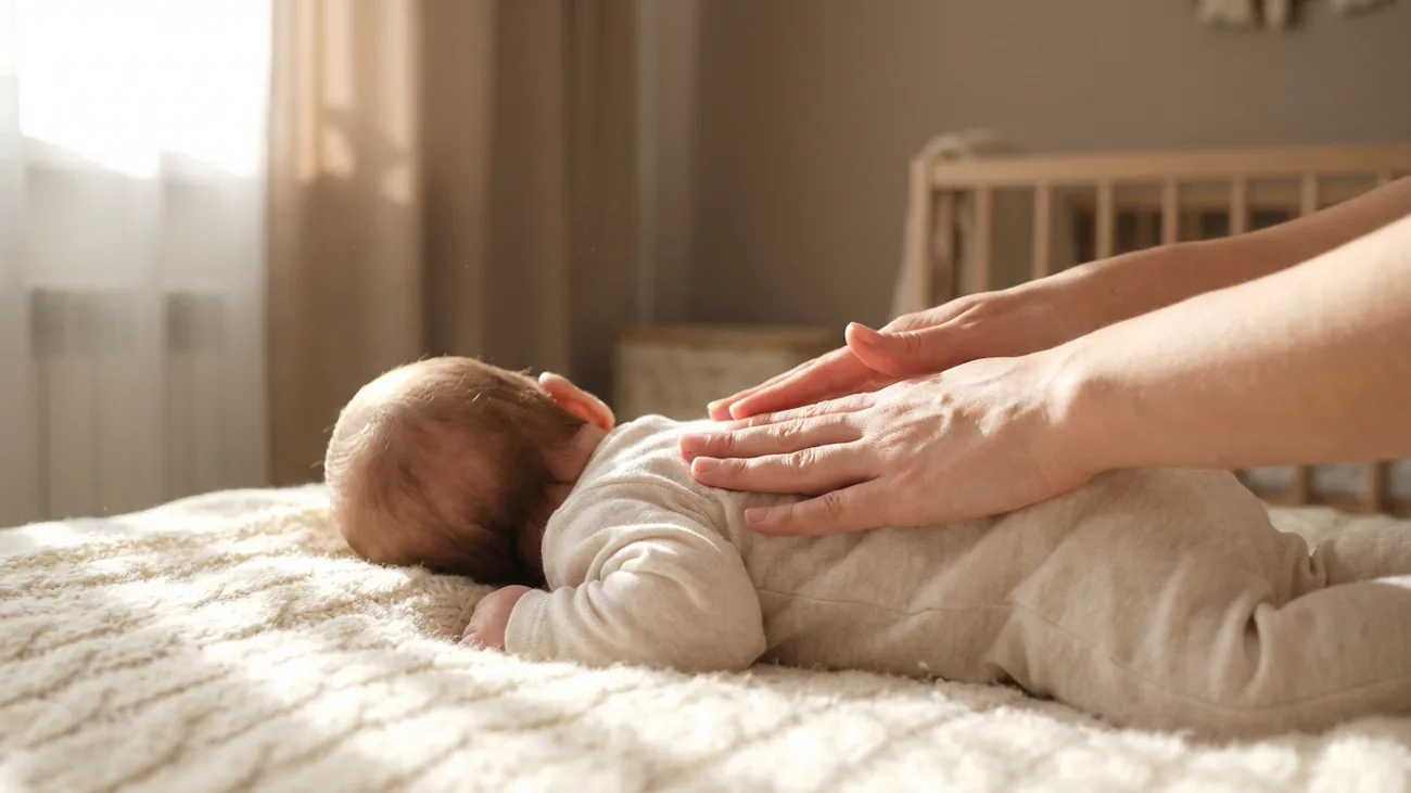 Parent supporting a baby in warm shallow water during a baby spa session in soft natural light
