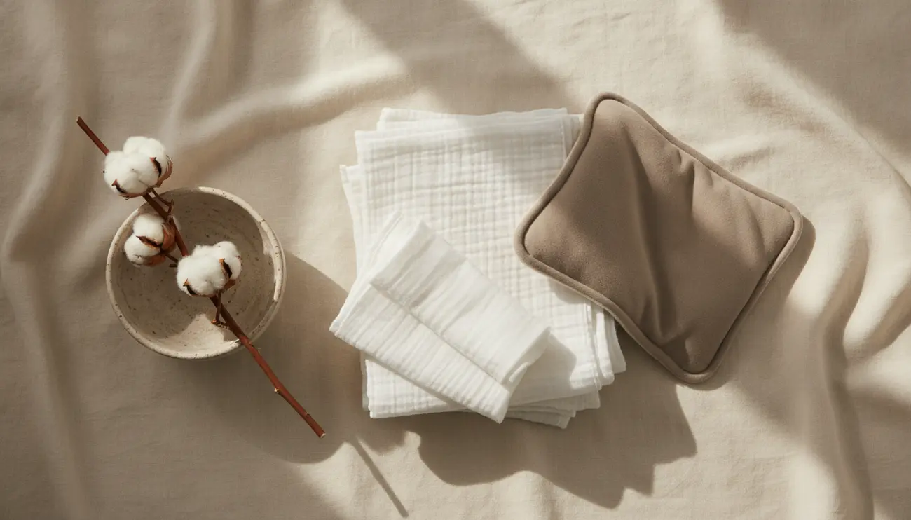 Calm flat-lay of folded muslin cloths and a soft compress pad in warm morning light