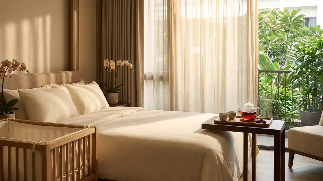 Serene suite at a confinement centre in Singapore with a queen bed, bassinet and red date tea in warm morning light