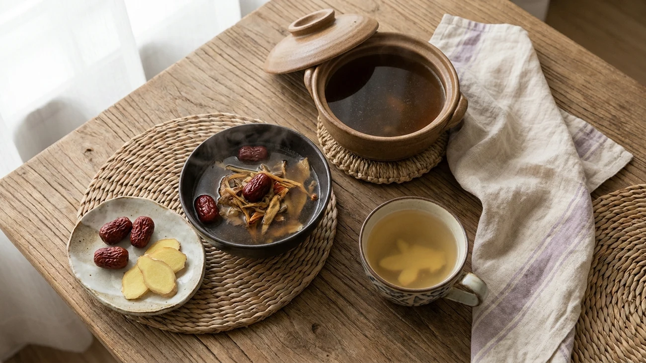 Flat-lay of traditional confinement-style foods, including ginger, red dates and a bowl of warm herbal soup, in soft natural light