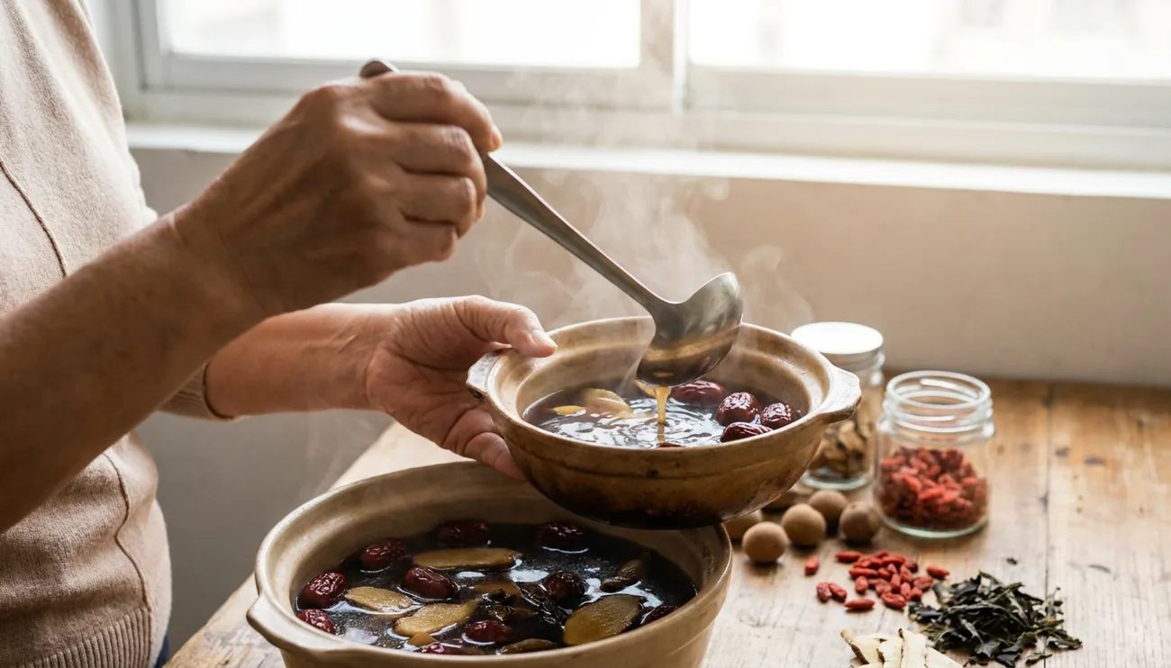 Confinement lady in Johor Bahru ladling warming herbal soup in a family kitchen while a newborn sleeps nearby