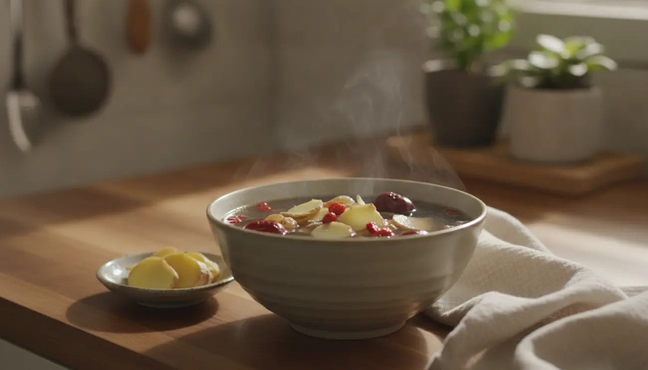 Nourishing confinement soup with red dates, ginger and herbs on a kitchen counter in soft morning light