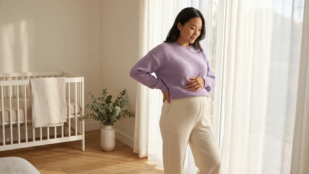 A new mum in a lavender jumper stands tall by a sunny window, one hand resting on her tummy and one on her lower back, with a baby cot behind her