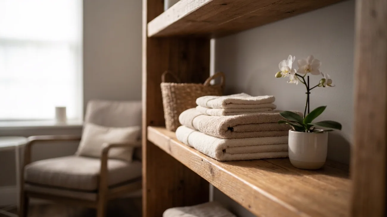 Calm treatment room set for a gentle abdominal wellness massage, with warm towels and soft morning light