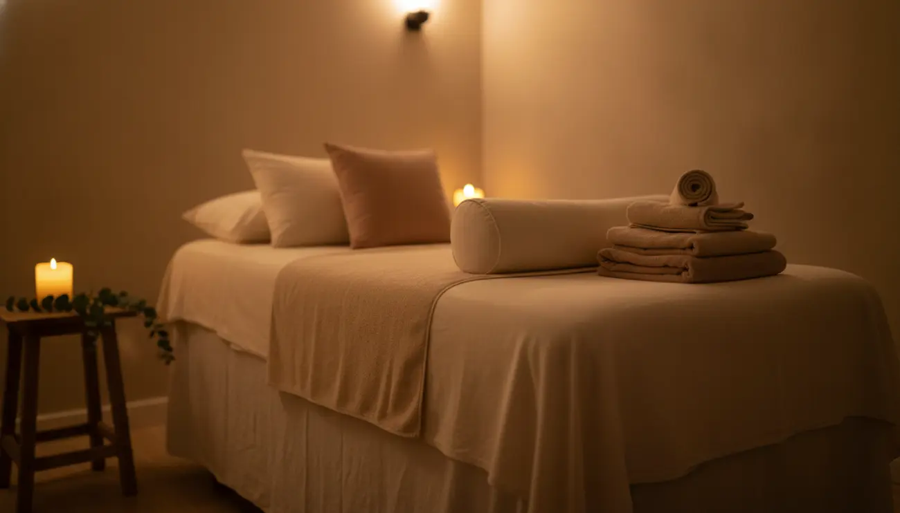 Candle-lit prenatal massage room with a side-lying support bolster, soft pillows and folded towels