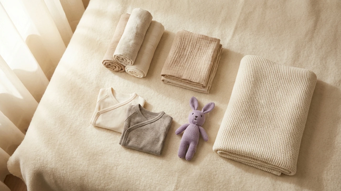 Neatly arranged flat lay of newborn essentials including folded muslin cloths, tiny bodysuits, a soft toy, and a swaddle in warm natural light