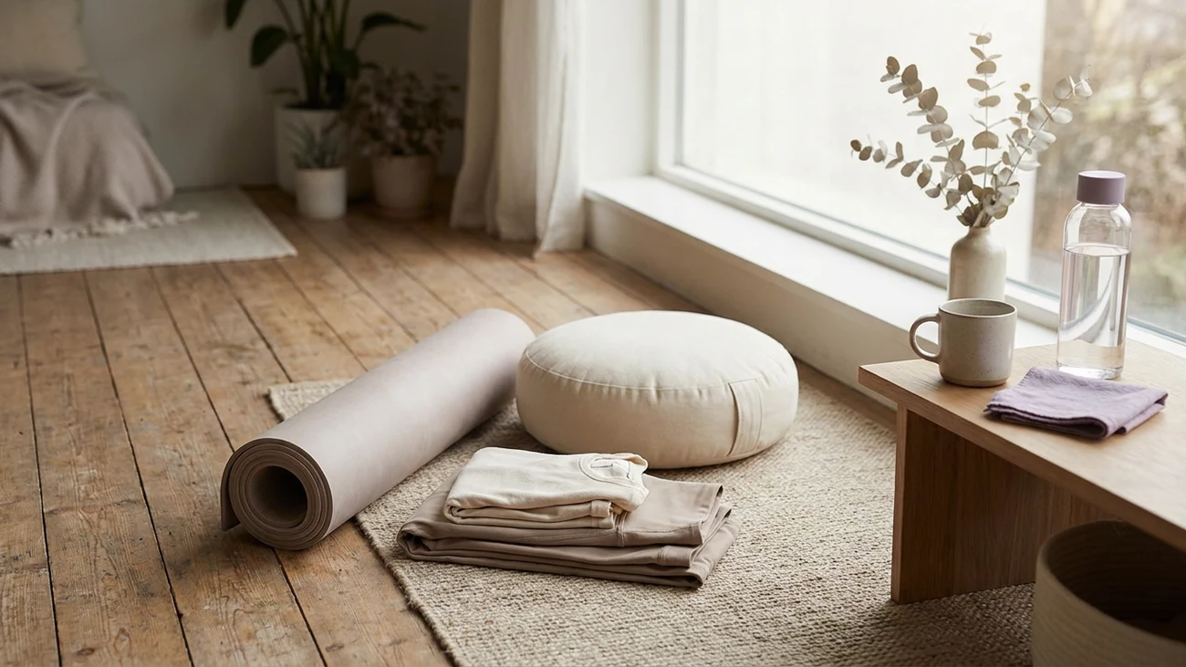 A yoga mat, soft cushion, and light athletic wear laid out in a calm home setting for a gentle return to movement