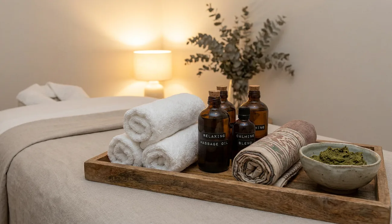 Warm treatment room prepared for postnatal massage at BMB Johor Bahru, with jamu paste and a bengkung wrap laid out for a postpartum massage session