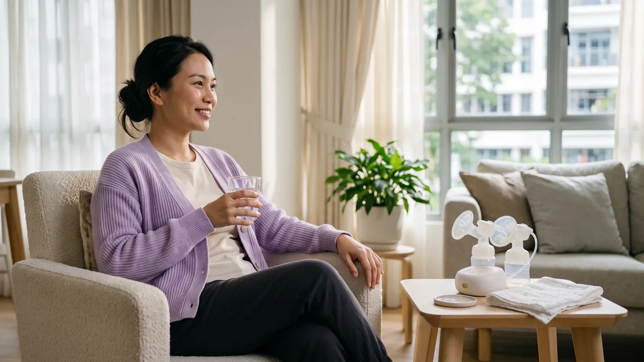 A smiling mum in a lavender cardigan sits in a cream armchair with a glass of water, beside a side table holding an electric breast pump and bottles for power pumping
