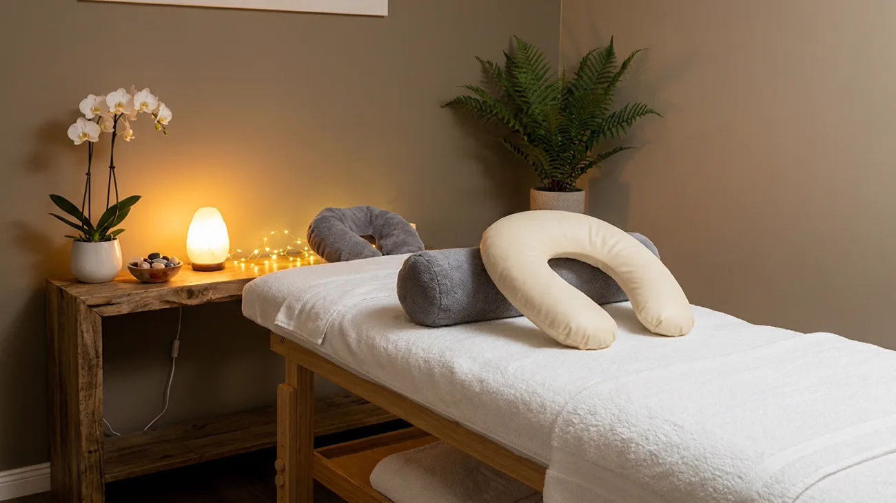 Calm, softly lit prenatal massage room with side-lying bolster support, the setting mums can expect at BMB in Johor Bahru
