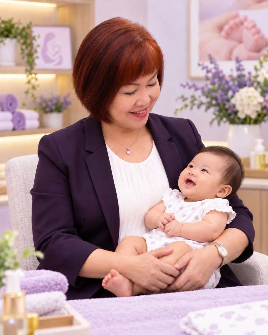 Sister Kang holding a smiling baby during a parent-and-baby bonding session