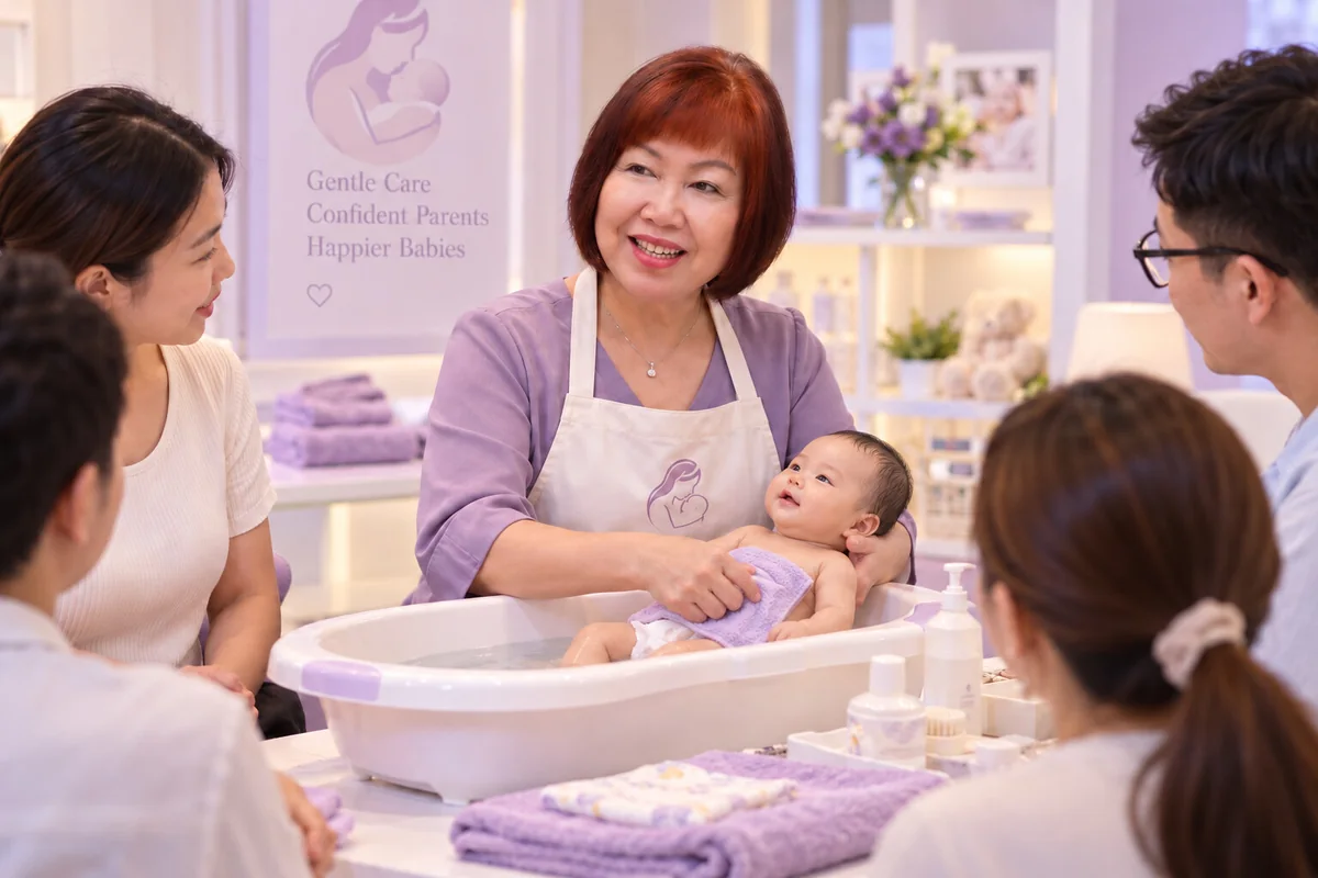 Sister Kang safely supporting a real baby while teaching newborn bathing skills in a small parent class