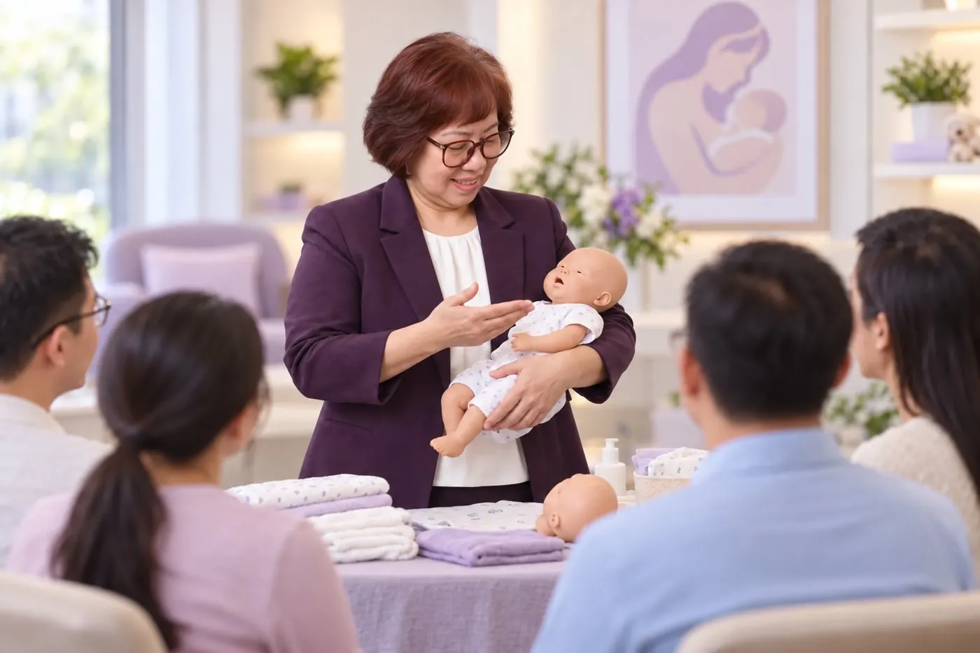 Sister Yasa looking attentively at a baby doll while teaching parents newborn care