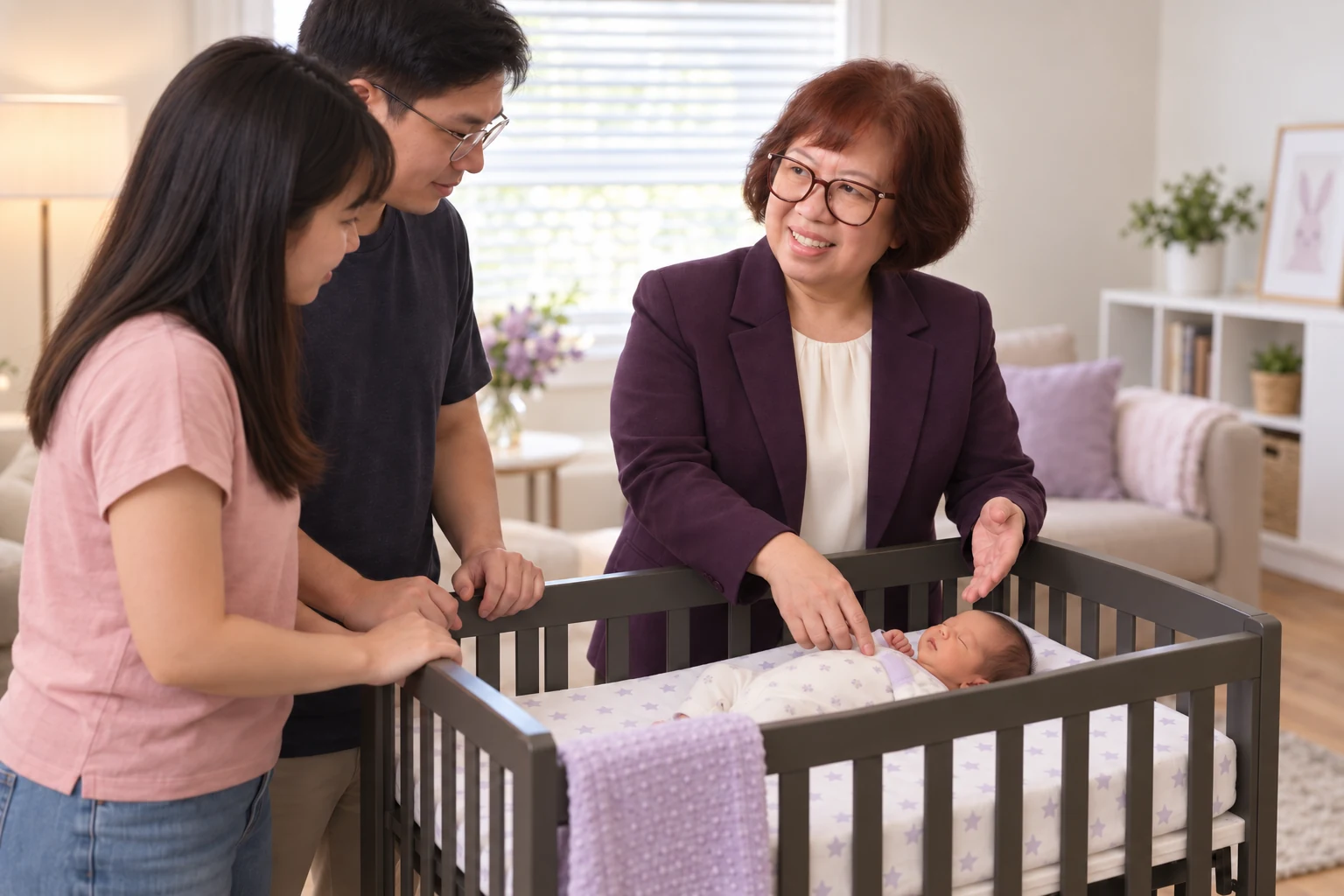 Sister Yasa guiding parents in practical newborn care beside a baby crib
