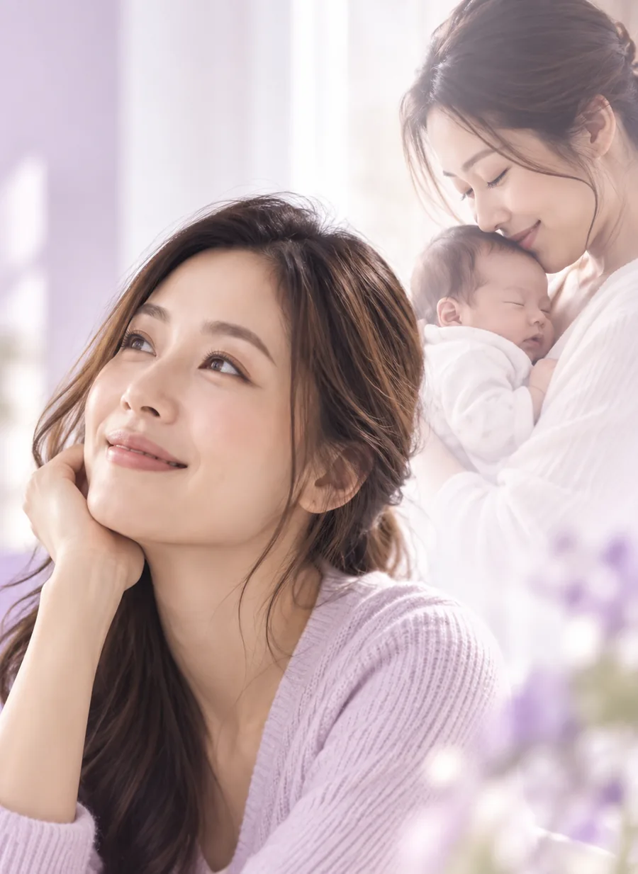 A smiling woman resting her chin on her hand, with a mother cuddling her newborn behind her