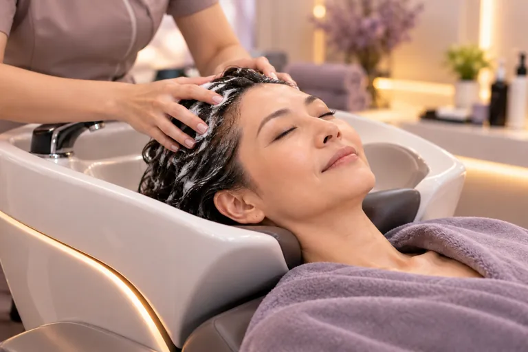 A woman receiving a relaxing hair and scalp treatment from a female care specialist