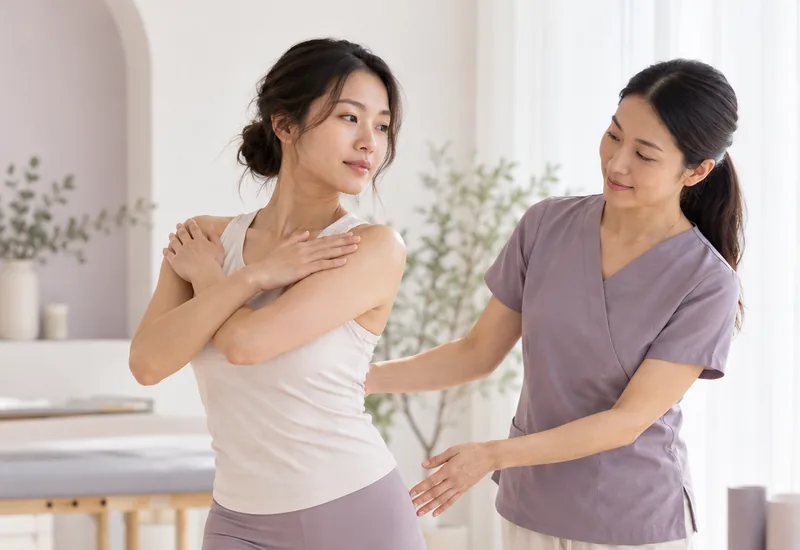 A woman receiving gentle movement guidance from a women’s health physiotherapist