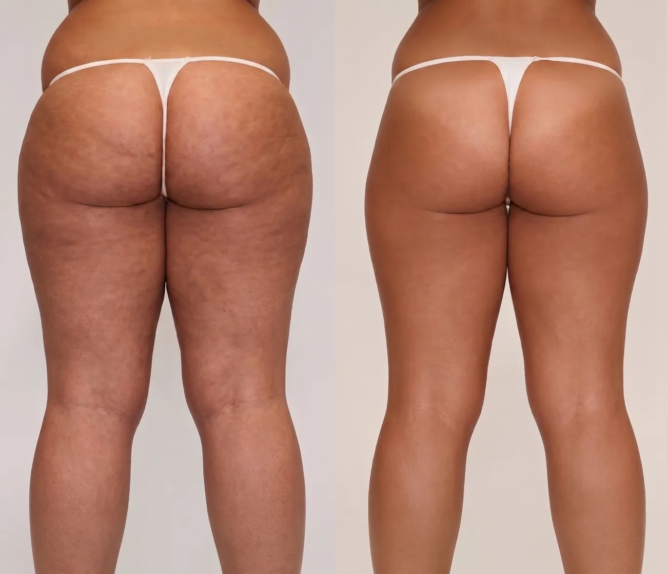Thighs and buttocks before and after LPG endermologie treatment, showing smoother skin texture