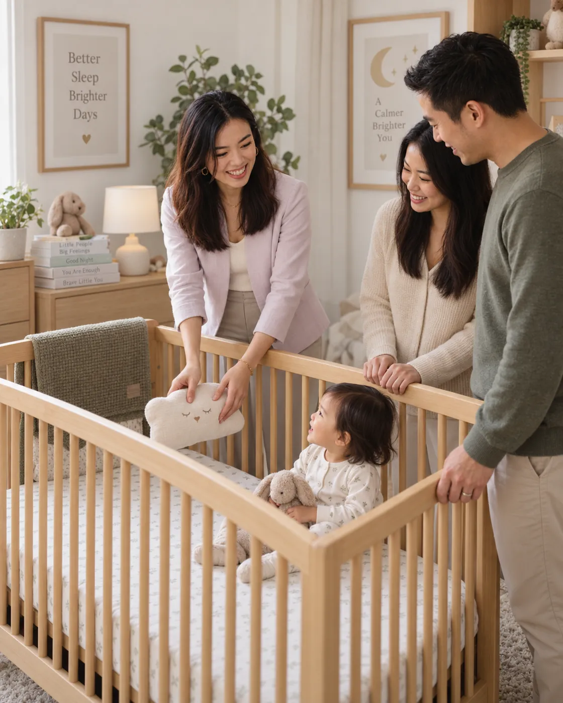 Estee Chew guiding parents beside their child’s cot