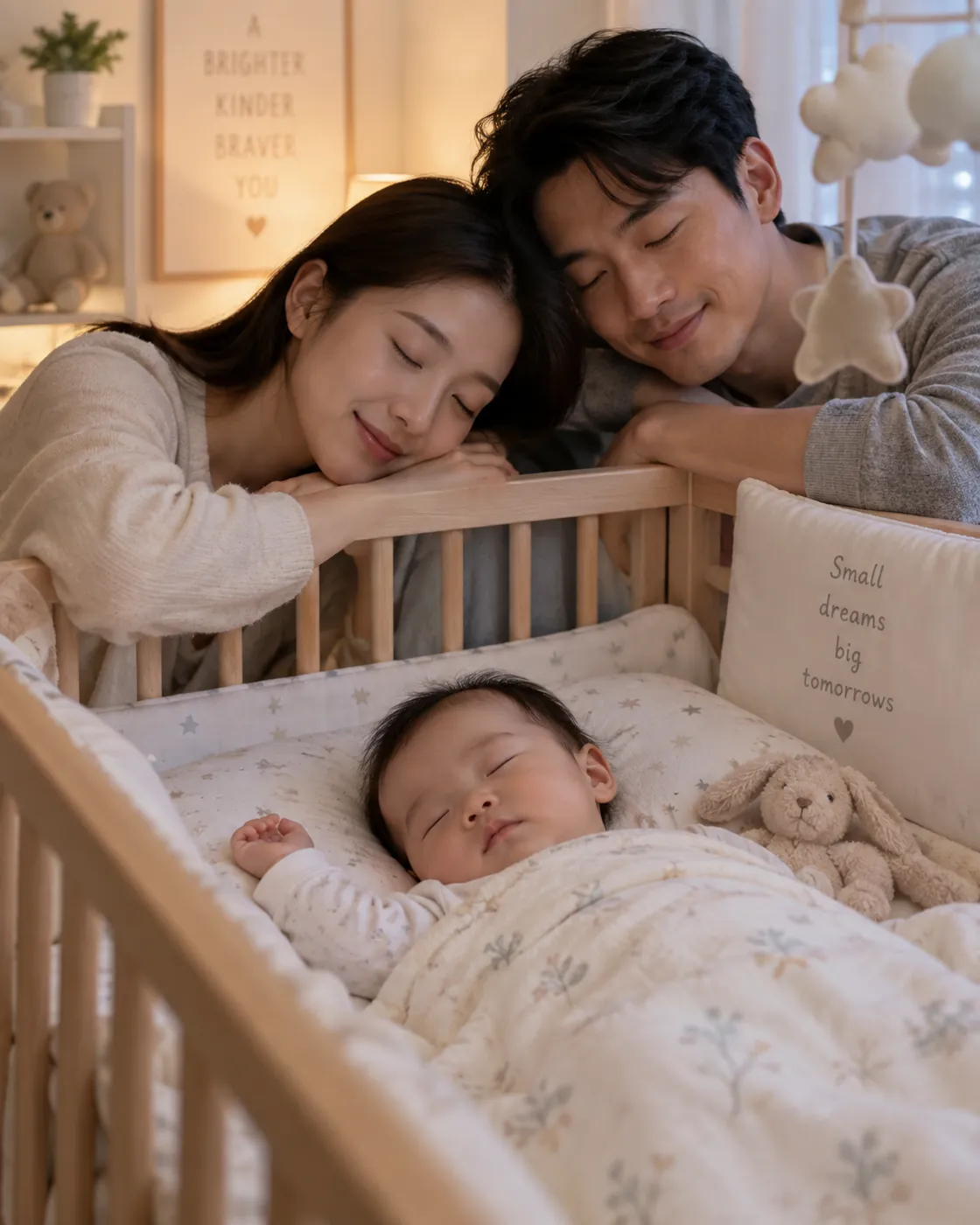 Parents resting peacefully beside their sleeping baby