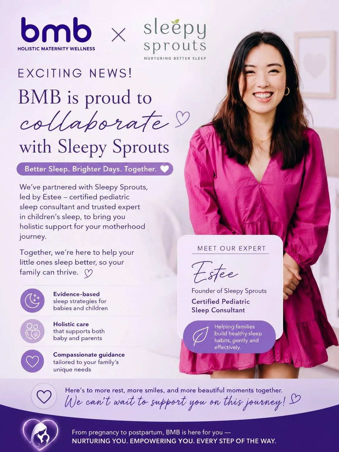 BMB and Sleepy Sprouts collaboration: Estee, founder of Sleepy Sprouts and certified pediatric sleep consultant, leads the BMB Baby & Toddler Sleep Clinic