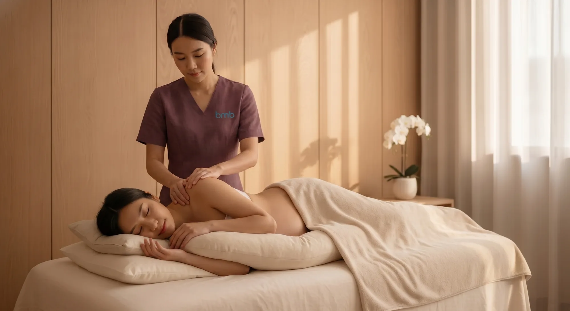 Pregnant mum receiving a side-lying prenatal massage at BMB Singapore