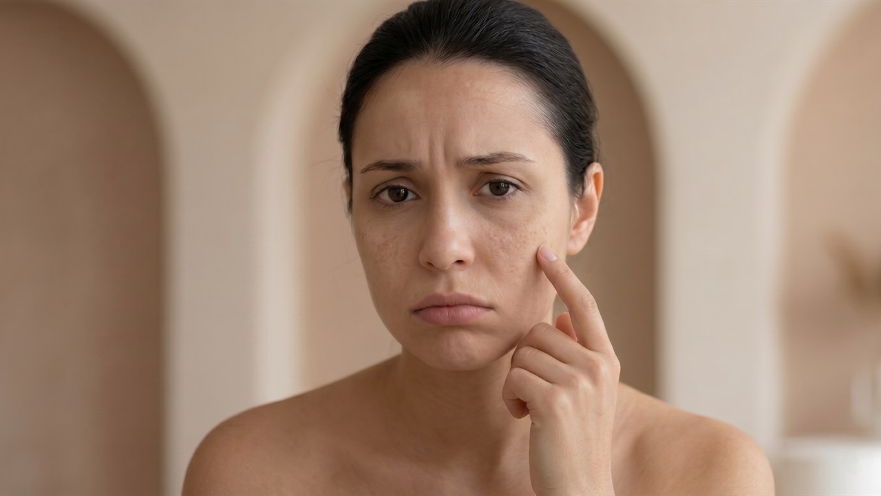 Woman noticing hormonal skin changes during pregnancy
